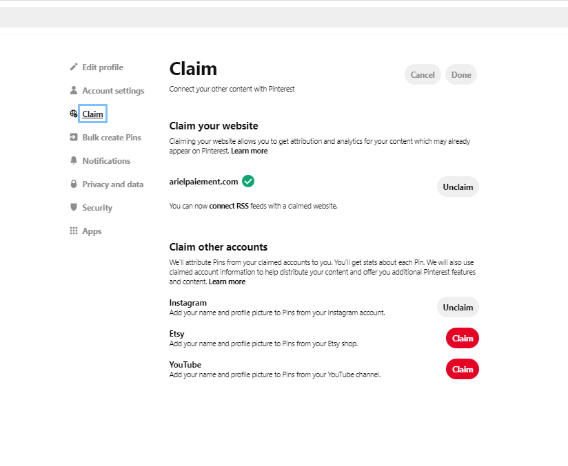 Claim accounts on Pinterest